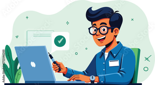 Cartoon Person Finishing Work on Computer