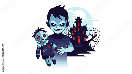 Haunted Halloween: A spooky scene of a child holding a spooky doll against a haunted house background, it's perfect for creating a chilling atmosphere for halloween themes.