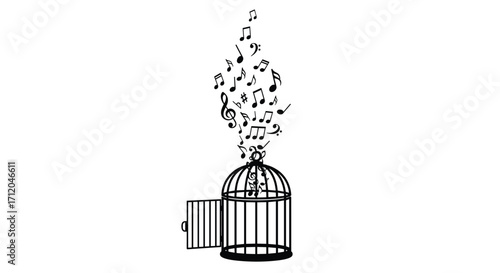 An open bird cage with flying musical notes escaping into the air symbolizing freedom creativity independence inspiration and artistic expression in abstract concept art, Generative AI.