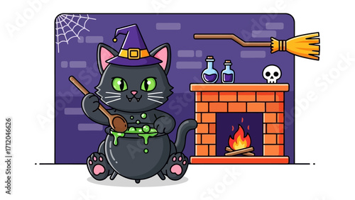 Whimsical Cat's Halloween Brew: A playful illustration captures a charming black cat as a witch stirring a bubbling cauldron amidst a spooky Halloween setting, promising fun and enchantment.