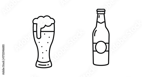 Simple black and white line art depicting a beer glass and bottle