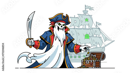 Phantom Pirate's Treasure: A spooky ghost pirate clutches a shimmering cutlass, guarding his hidden treasure with an imposing presence against a spectral ship.