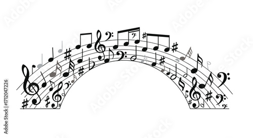 Dynamic musical notes dance across an arched staff creating a vibrant symphony of sound and visual harmony for your projects, Generative AI.