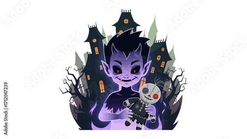 Spooky Halloween Night: A ghostly figure, bathed in an eerie purple hue, holds a voodoo doll in front of a haunted mansion, the scene set against a backdrop of gnarled trees and an ominous night sky.