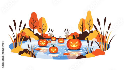 Halloween Pumpkin Lake: A serene lake reflecting a charming Halloween scene with jack-o'-lanterns and autumn foliage, invoking a whimsical and festive mood.