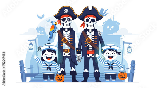 Halloween Pirate Adventure: An illustrated scene features playful pirate characters, embracing the spirit of Halloween with pumpkins, parrots, and festive attire.