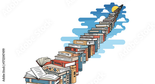 Ascend to knowledge with a vibrant staircase of books leading to the bright sun and clouds symbolizing learning and growth, Generative AI.