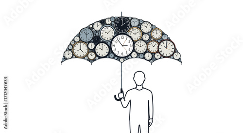 Man protected by umbrella made of clocks symbolizing time management and project deadlines concept of time protection, Generative AI.
