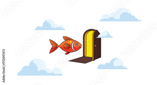 Orange fish swims towards bright glowing doorway in whimsical cloudy sky representing opportunity and new beginnings, Generative AI.
