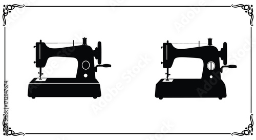 Two vintage sewing machines depicted in a black silhouette style