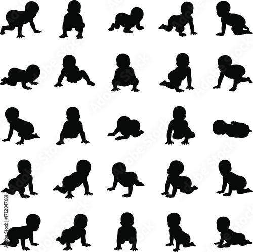 Baby crawling silhouettes collection, infant movement poses, childcare icons, toddler growth stages, parenting illustration, childhood development, family design, nursery concept