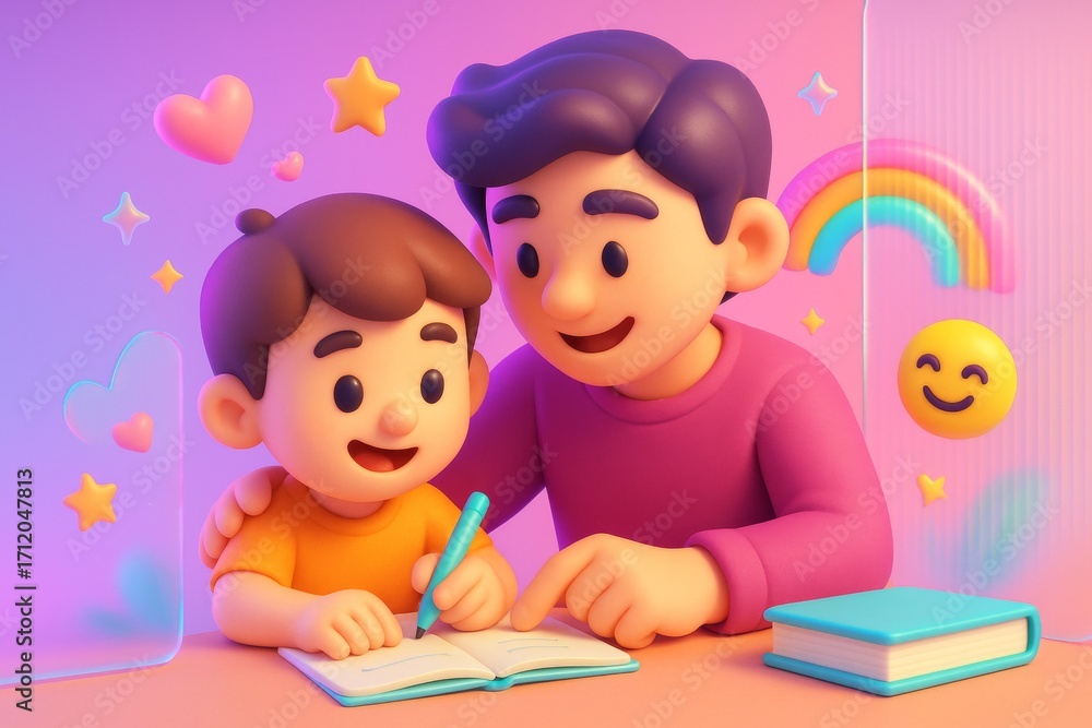 Fototapeta premium Father helping son with homework in colorful abstract background filled with light, stars, and happy smiling symbols. Ai generative. Ai generative