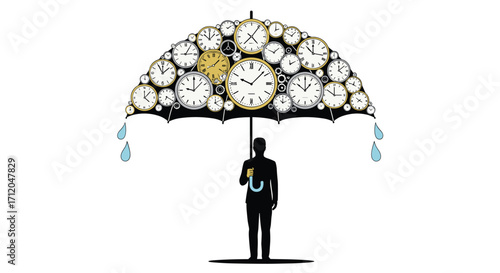 Man holding umbrella made of clocks protecting against time-wasting rain symbolizing project deadlines and time management, Generative AI.