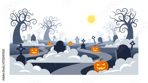 Spooky Halloween Scene: A whimsical and eerie illustration of a graveyard at dusk, featuring jack-o'-lanterns, gnarled trees, and a full moon, perfectly capturing the essence of All Hallows' Eve.