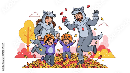 Family Fun: A heartwarming autumn scene, a family of four joyfully frolics in a pile of fallen leaves, embraced by the vibrant colors of the season.