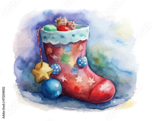 Watercolor Christmas Stocking with Toys vector illustration 