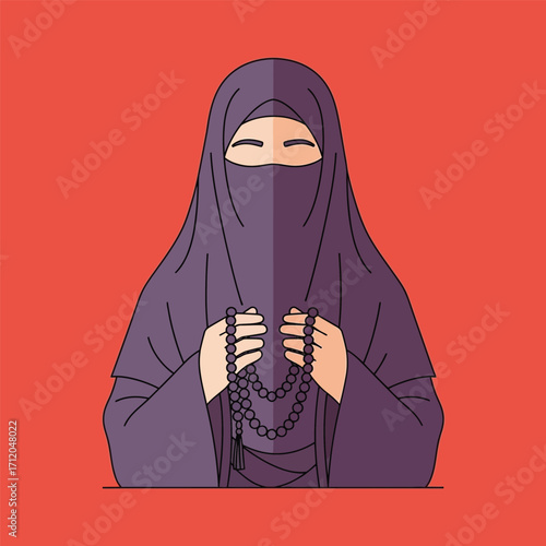 Muslim woman in traditional attire holding prayer beads with serene expression.