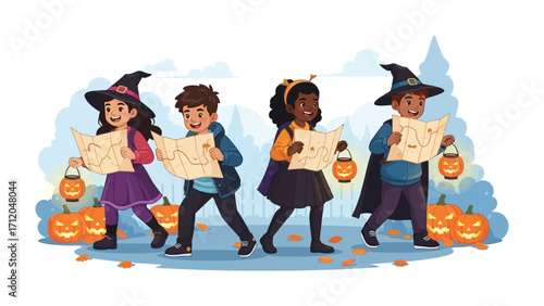 Halloween Map Adventures: A quartet of young explorers, each dressed in whimsical costumes and clutching maps, embark on a thrilling Halloween quest. Adorned with lanterns and pumpkins.