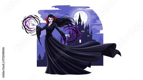 Dark Enchantress and Eerie Castle: A bewitching enchantress with long black hair and a flowing gown stands before a haunting castle under the pale moonlight. In her hands, mystic energy swirls.