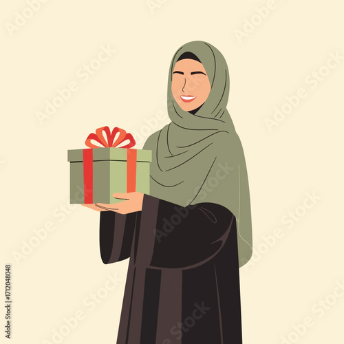 Woman holding a gift box smiling wearing a hijab and abaya focused on the main subject a portrait of a woman giving a gift.