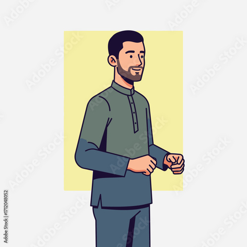 A smiling man in traditional attire standing confidently.