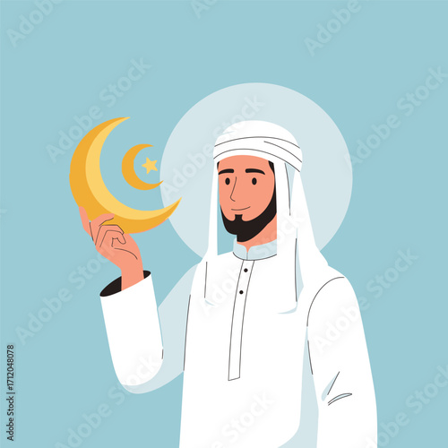 Muslim man holding a crescent moon symbolizing Islamic traditions and celebrations.