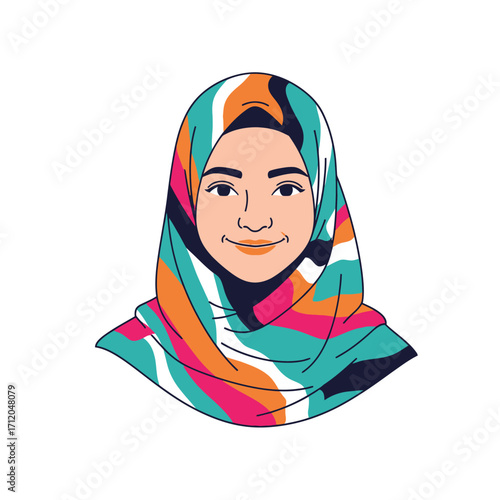 Portrait of a woman wearing a colorful hijab smiling gently.