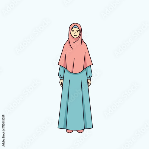 Muslim woman in hijab and traditional dress illustration.