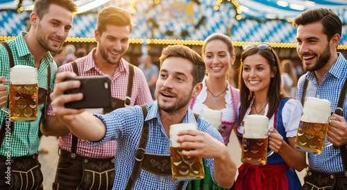 Group taking selfie with beer steins at oktoberfest celebration under blue and white decorations