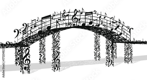 Stunning musical notes form an elegant bridge symbolizing harmony and artistic connection perfect for creative projects, Generative AI.