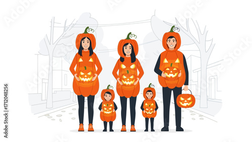 Halloween Family Fun: A lively family, dressed in charming pumpkin costumes, stands together in a stylized setting, embodying the spooky spirit of Halloween and seasonal festivities.