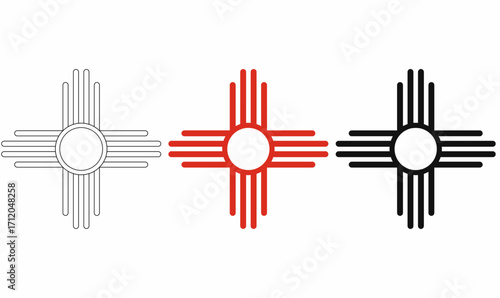 Zia sun symbol or native american indian sun icon set in black, red, and outline style. Geometric circular cross design with four lines, used for culture, tradition, logo, tattoo, and decoration.