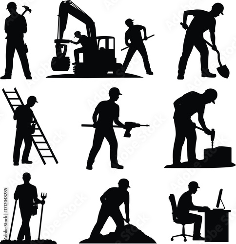 Construction worker silhouettes collection, manual labor and office roles, industry icons, heavy tools, excavation, demolition, workforce illustration, building design
