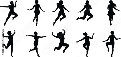 Dancing silhouettes collection, people jumping, energetic poses, human motion, performance art, dance activity, movement illustration, celebration, fitness, expressive body gesture