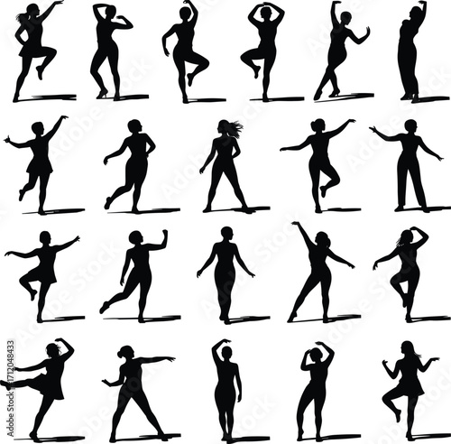 Dance silhouettes collection, expressive people poses, human motion illustration, performance art, celebration, fitness activity, choreography icons, dynamic movement design
