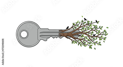 Unlock new growth and opportunity with this symbolic key transforming into a vibrant tree with birds representing nature's secrets and natural solutions, Generative AI.