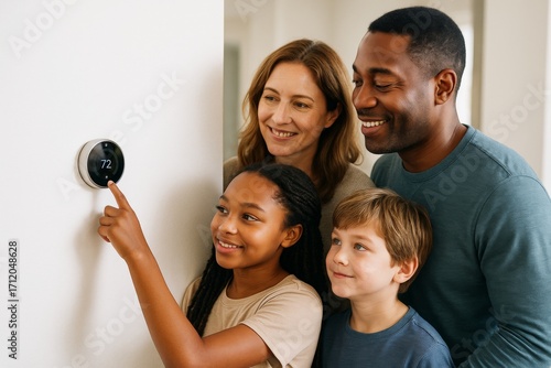 Happy family adjusting smart thermostat together in cozy home environment, smiling and enjoying energy-efficient temperature control system. Ai generative