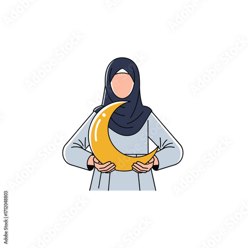 Illustration of a Muslim Woman in Hijab Holding a Crescent Moon.