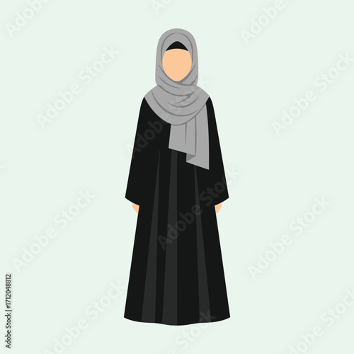 Vector illustration of a Muslim woman wearing a black abaya and grey hijab.