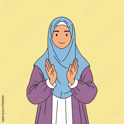 Illustration of a smiling Muslim woman in a hijab praying.