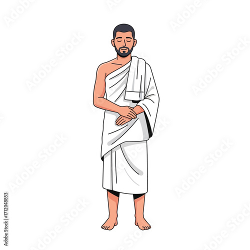 Illustration of a Muslim man wearing traditional Ihram clothing.