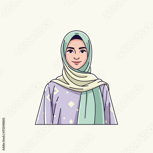 Stylized portrait illustration of a smiling Muslim woman in a hijab.