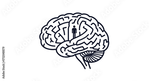 Man standing inside a stylized brain labyrinth symbolizing thought process ideas and mental exploration, Generative AI.
