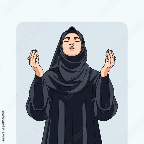Illustration of a devout Muslim woman making dua prayer.