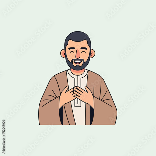 Cartoon illustration of a smiling bearded man with hands on his chest.