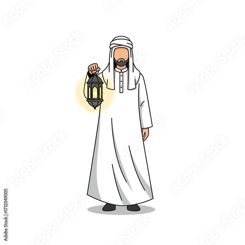 Cartoon illustration of an Arab man holding a glowing Ramadan lantern.