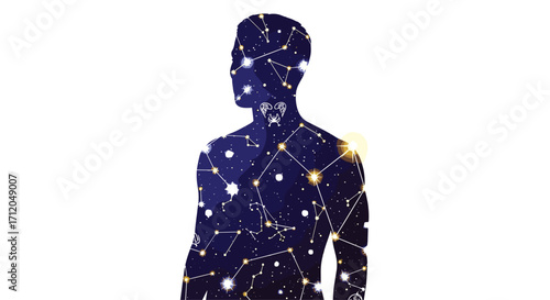 Stunning silhouette of a man filled with a vibrant galaxy and constellations representing cosmic connection and destiny, Generative AI.