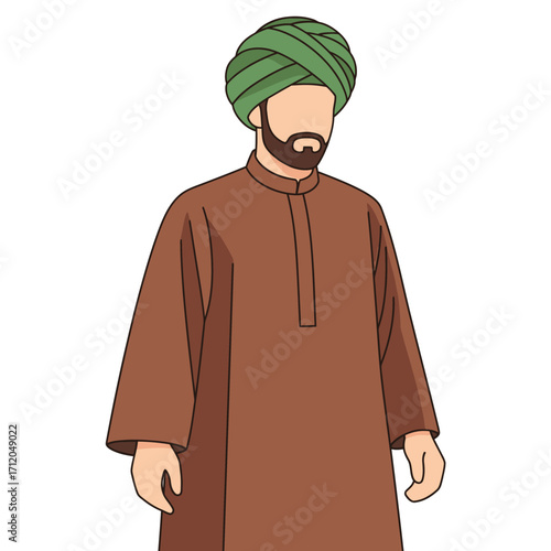 Vector illustration of a bearded man wearing a green turban and brown robe.