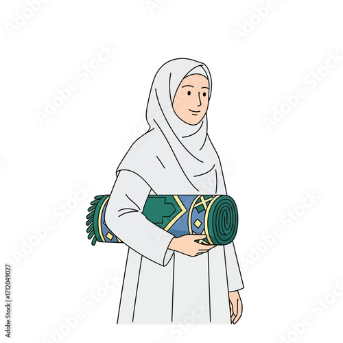 Muslim woman in white hijab holding a rolled prayer rug.
