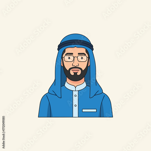 Vector illustration of an Arab man with a beard and glasses.